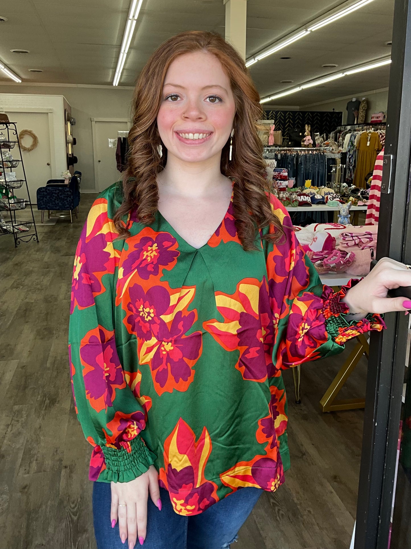 Green Floral Satin Top