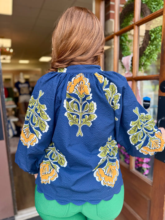 Navy Floral Scalloped Hem Textured Top