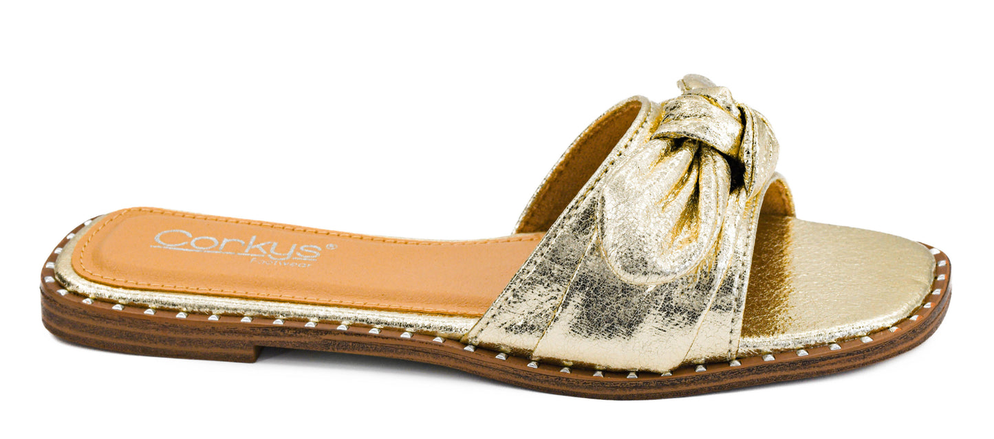 Corkys Gold Crinkle Metallic Bow Sandals