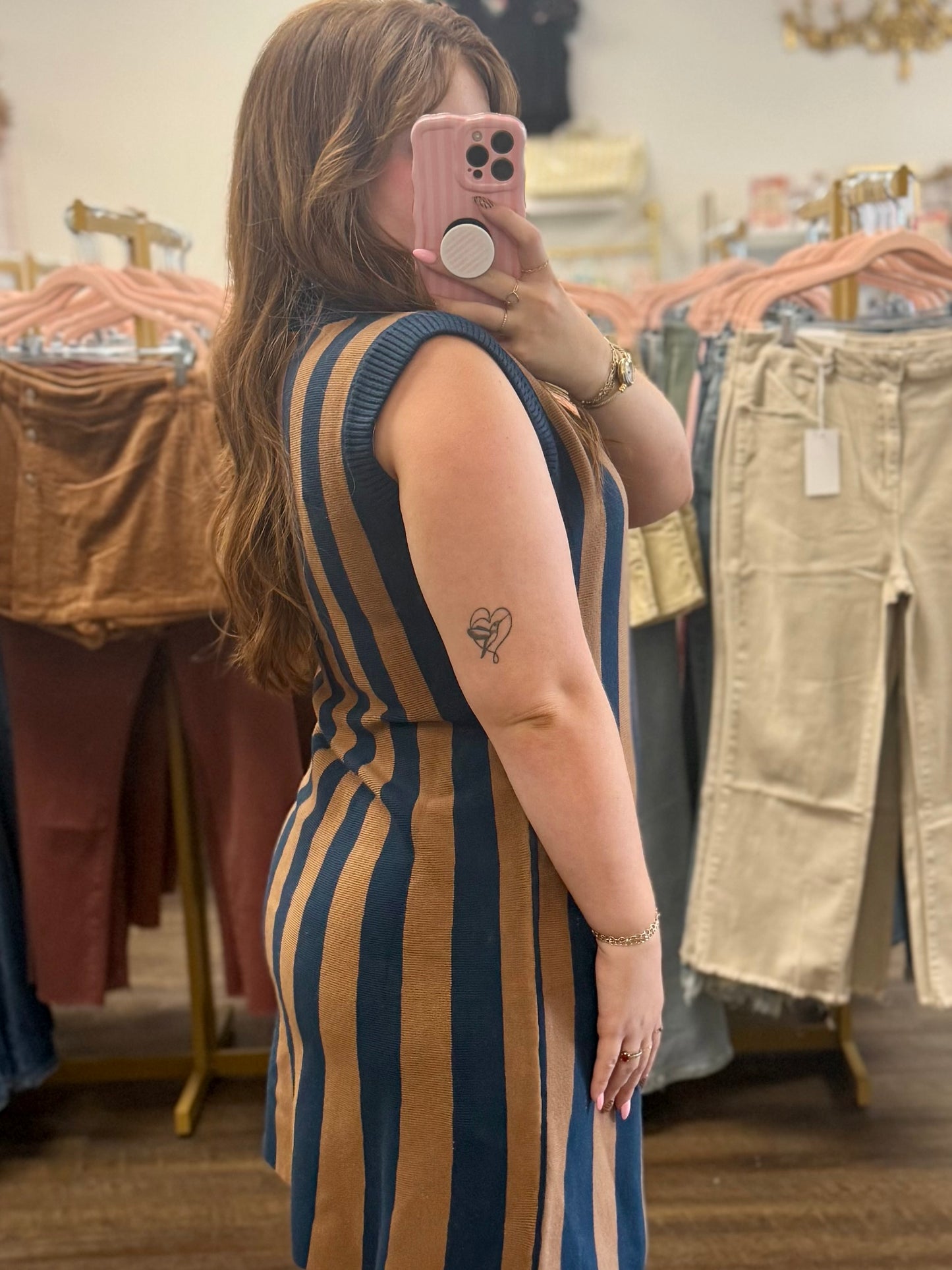 Navy & Mocha Sleeveless Striped Sweater Mini Dress