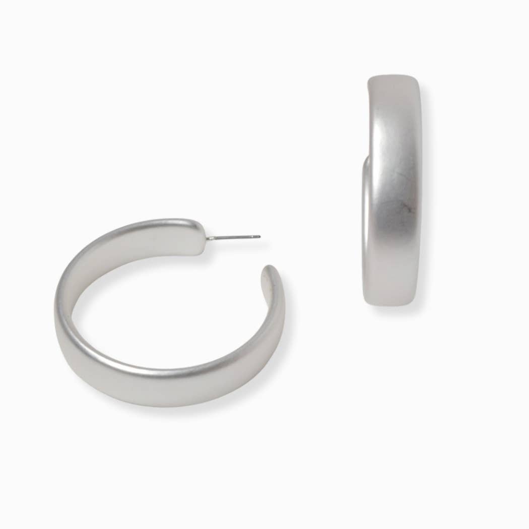 Matte Silver Flat Round Hoop Earrings