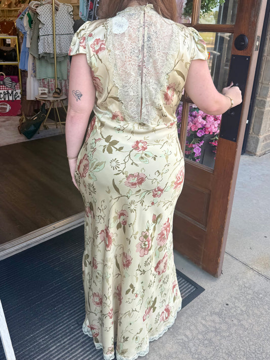 Sage Floral Satin Lace Maxi Dress