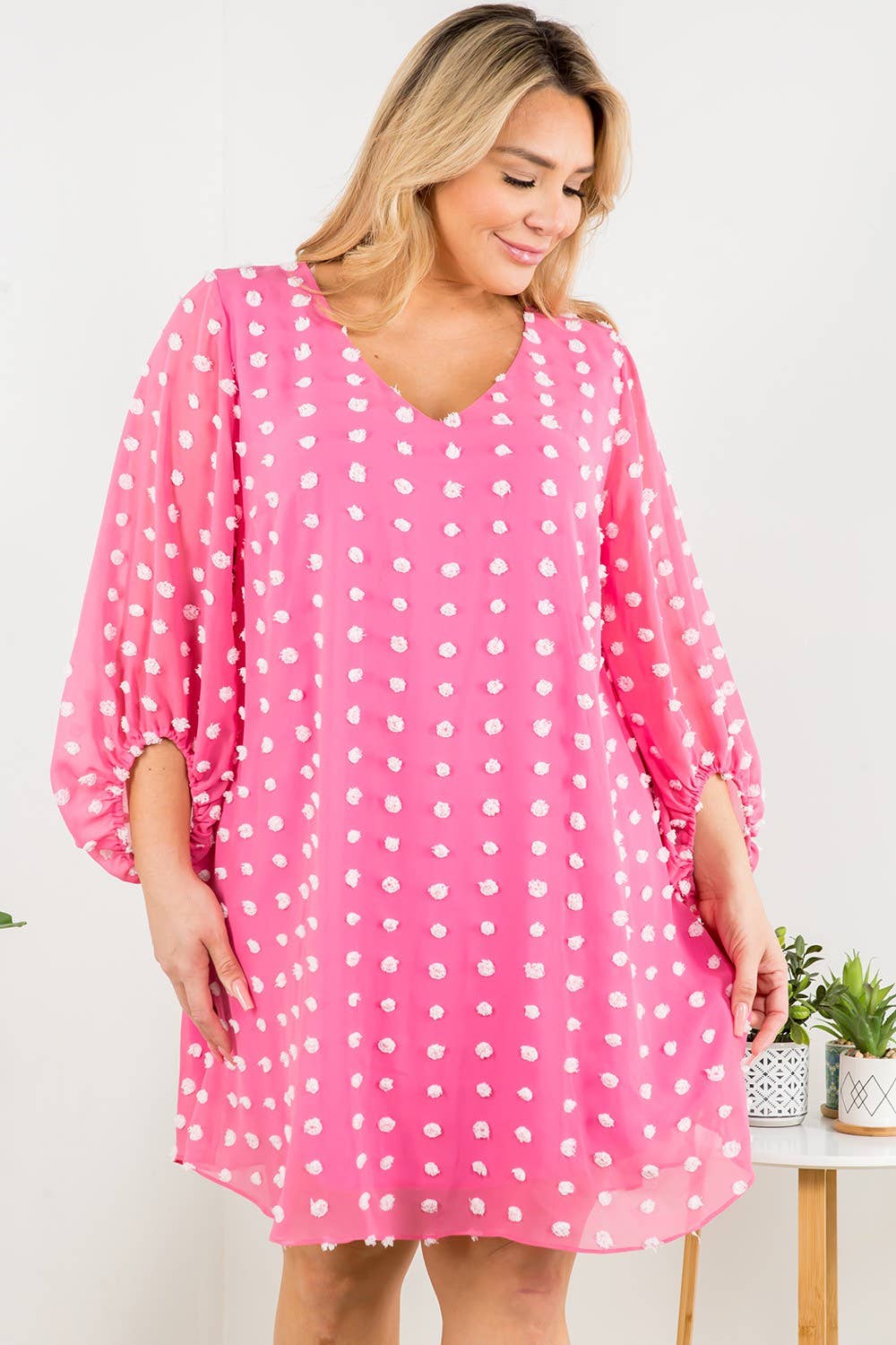 Pink V- Neck Bubble Sleeve Dot Dress