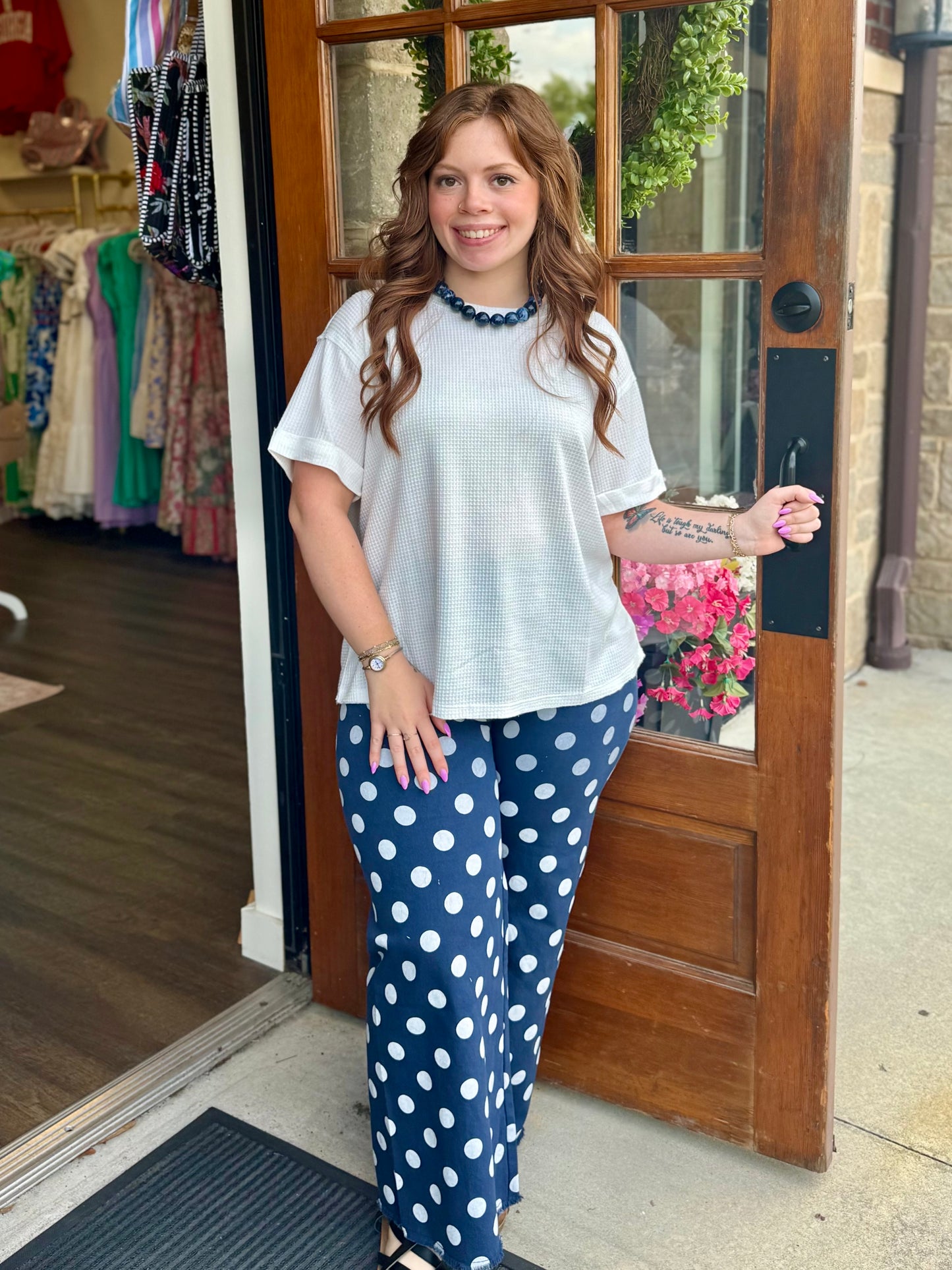 Deep Denim Polka Dot Flow Leg Pants