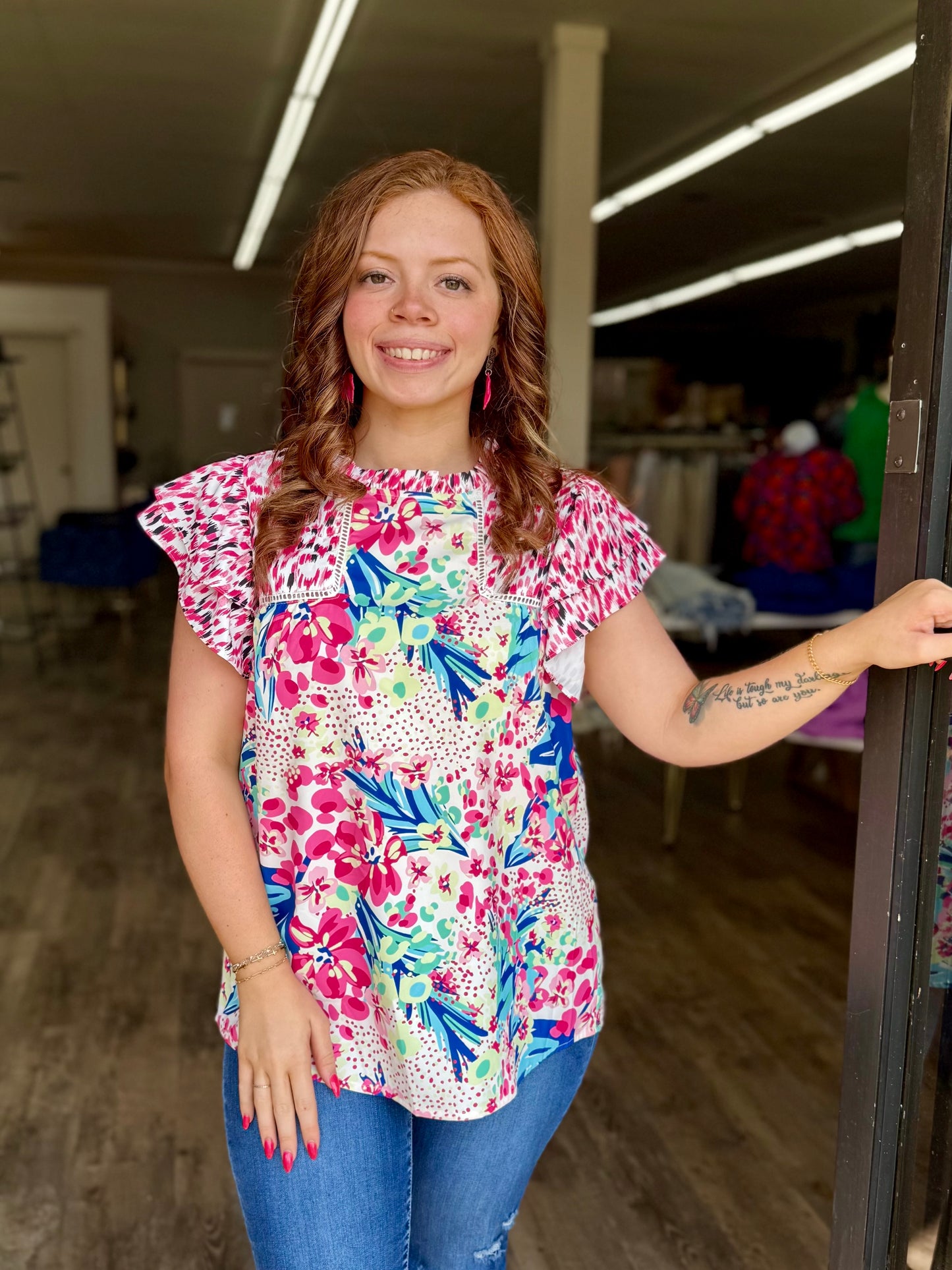 Pink Floral Mixed Print Top