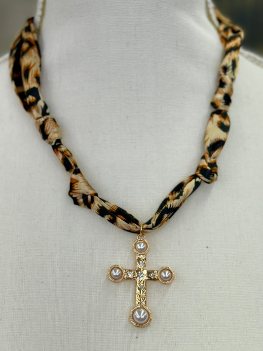 Leopard Scarf Pearl Cross Charm Necklace