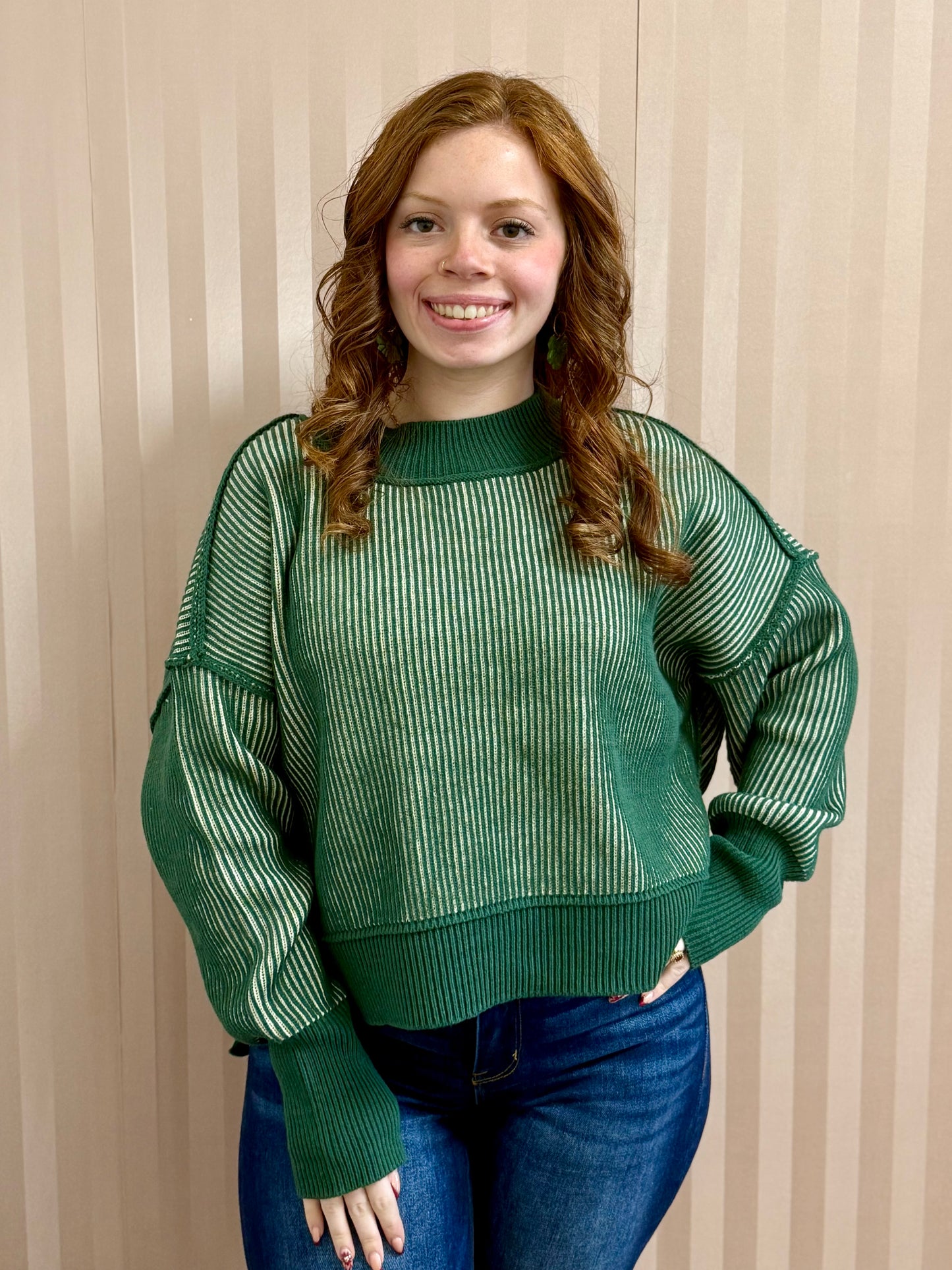 Dark Green Exposed Seam Two-Tone Sweater