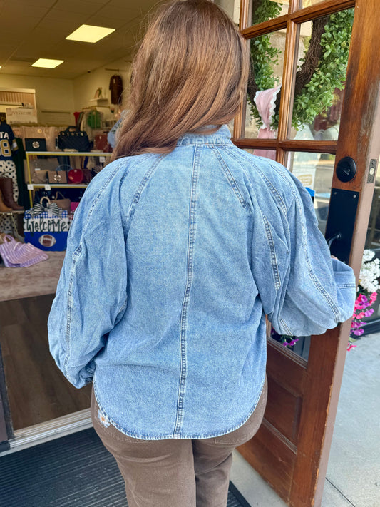 Denim High Neck Top w/ Detachable Bow