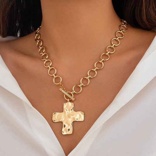 Gold Hammered Cross Toggle Necklace