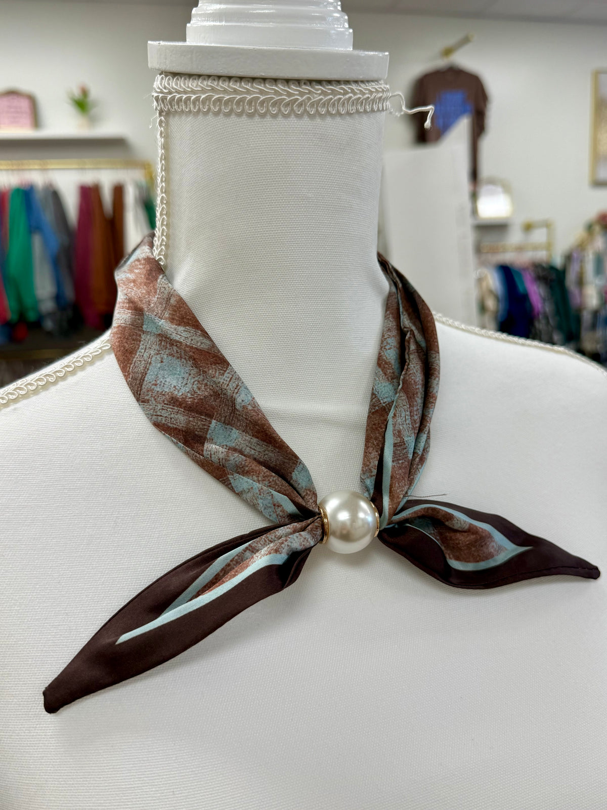Brown & Blue Abstract Silky Scarf Clasp Necklace