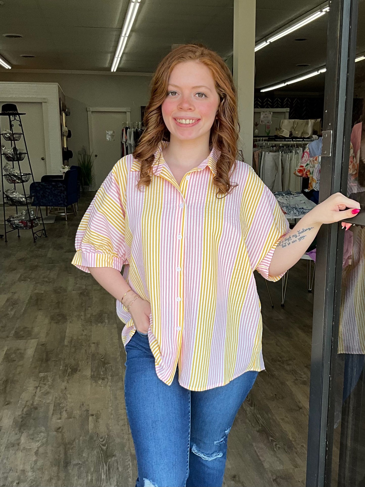 Striped Collared Dolman Sleeve Top