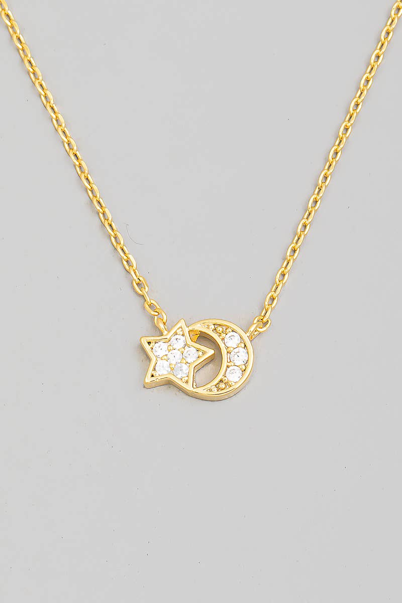 Gold Pave Mini Moon Star Pendant Necklace