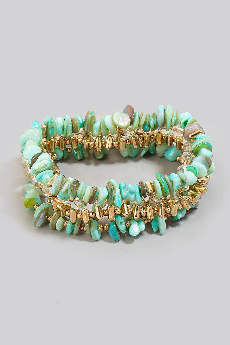 Teal Glass And Pebble Stone Beaded Bracelet Set