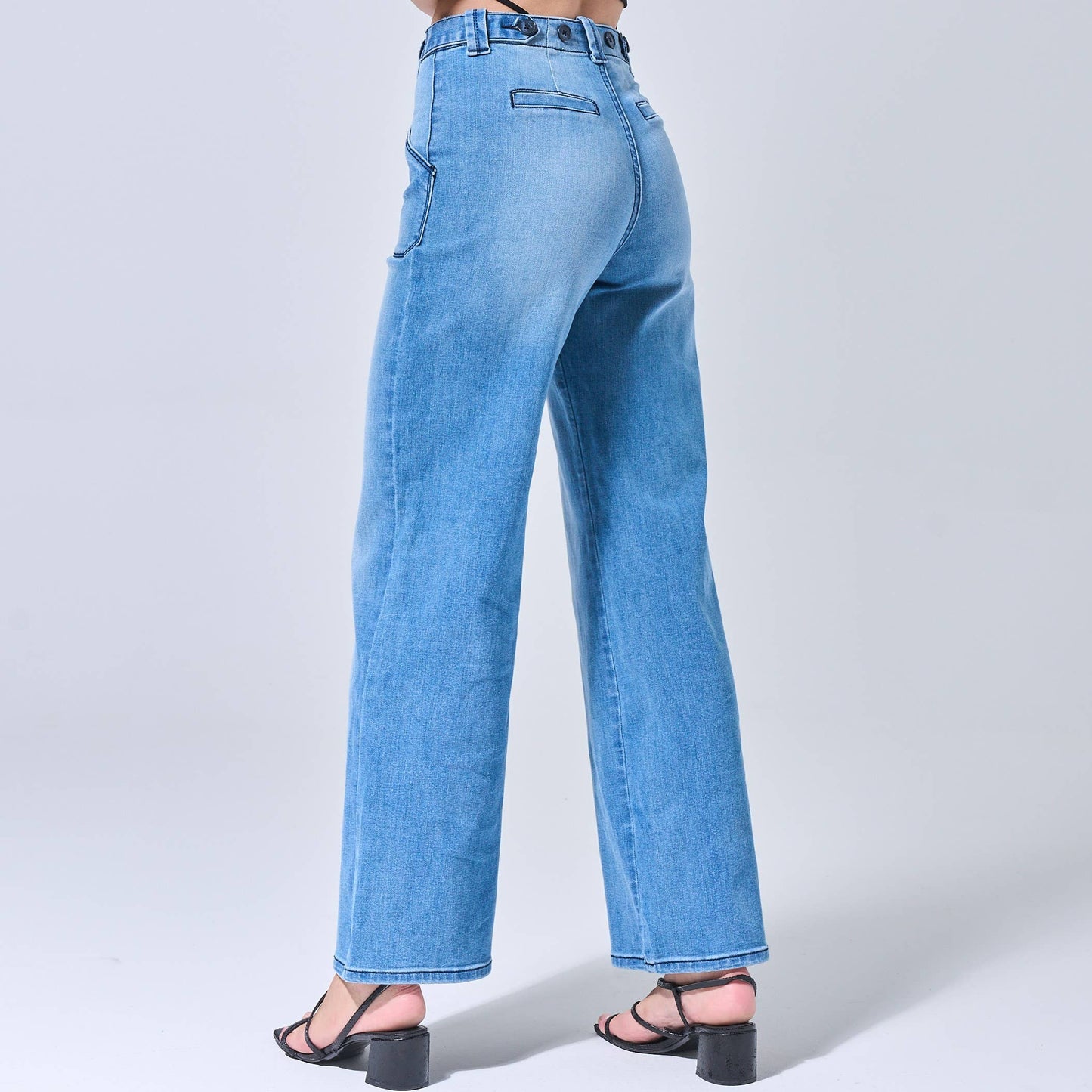 High Rise Stretch Welted Pocket Wide Leg Jeans