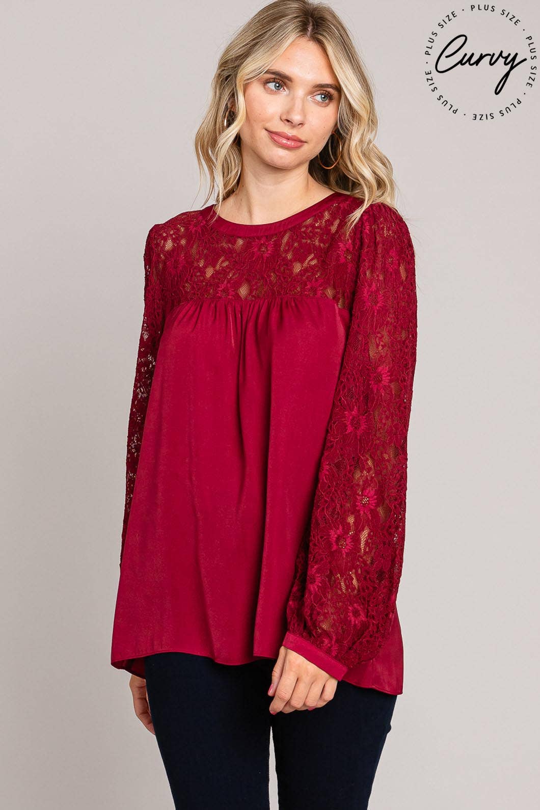 Plus Everyday Satin Lace-Neck Blouse / Wine