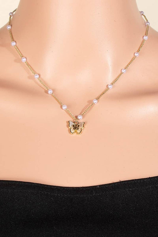 Gold Pearl Beaded Butterfly Pendant Necklace