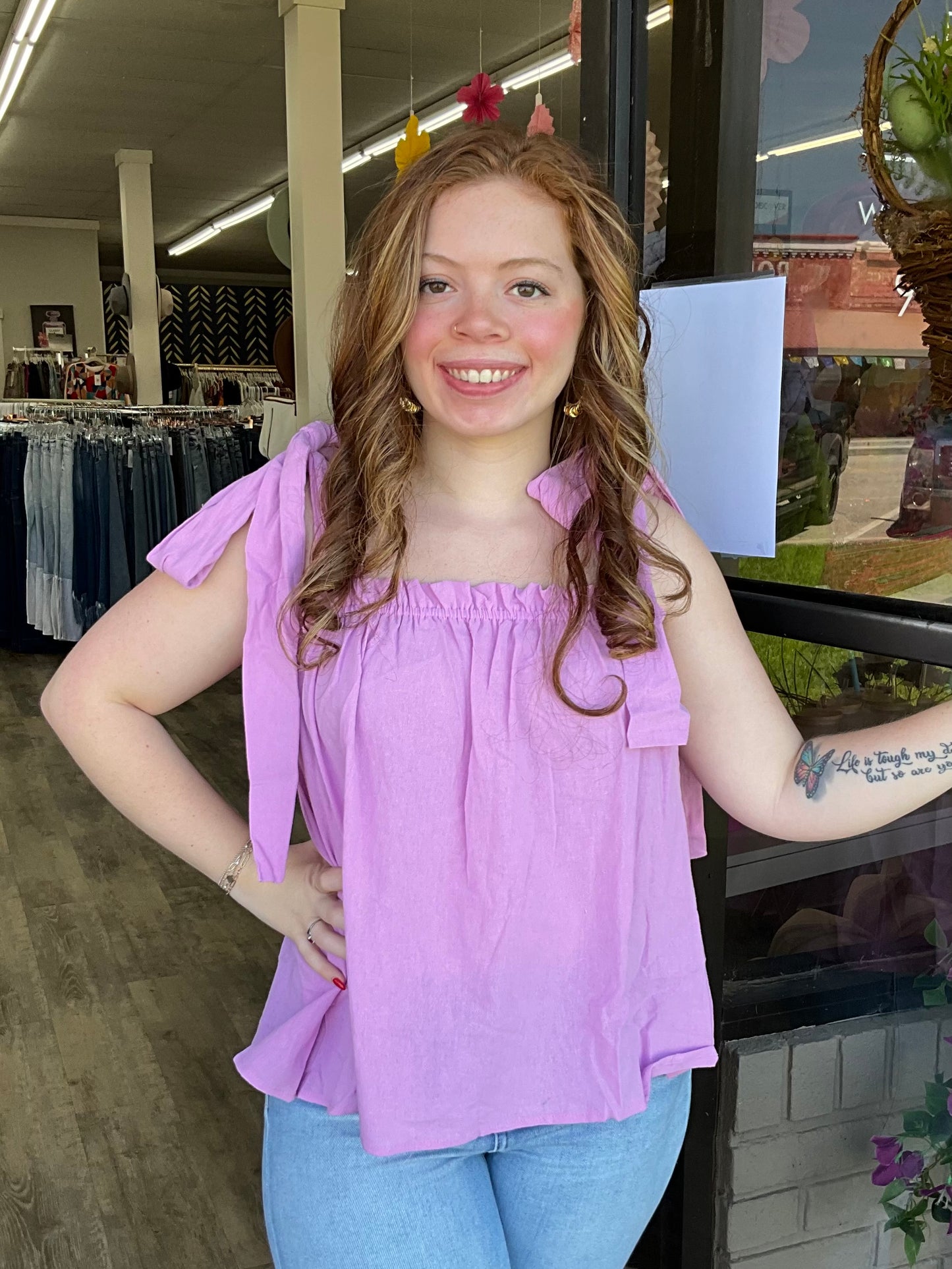 Lavender Ribbon Tie Strap Tank