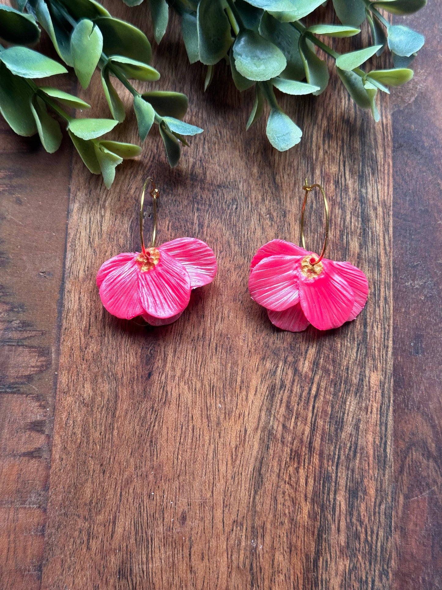 Neon Pink Half Flower Dangle Clay Earrings