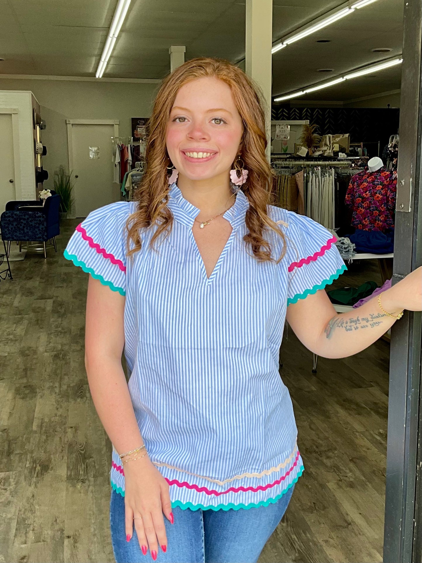 Blue Stripe Ric Rac Ruffle Top