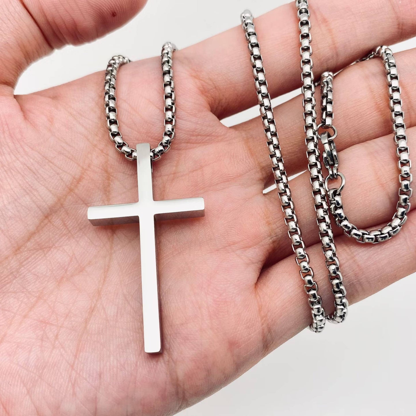 Men’s Silver Glossy Cross Stainless Steel Pendant Necklace