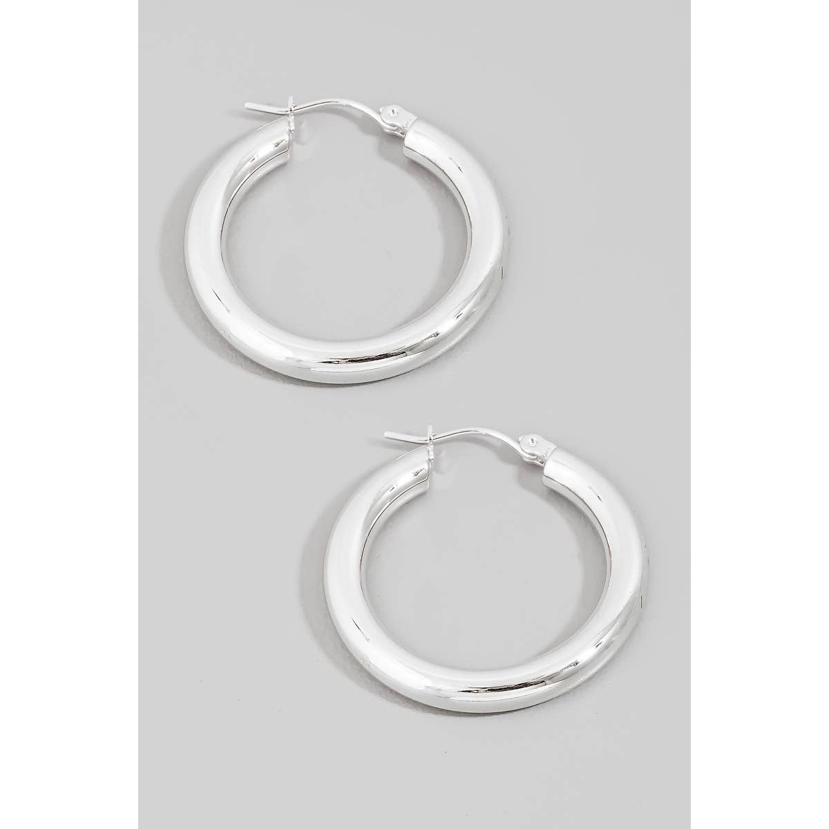 Silver Metallic Tube Latch Hoop Earrings