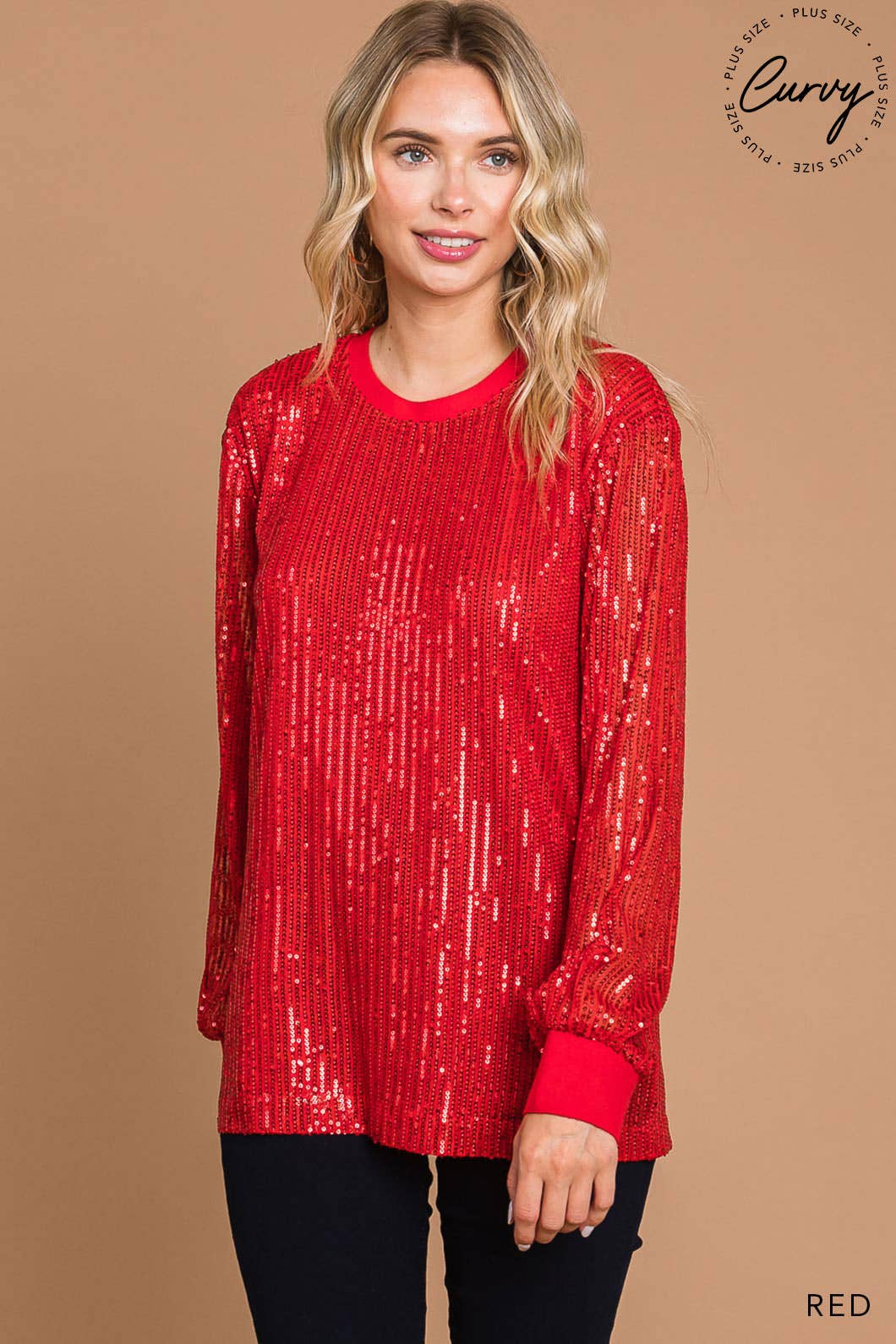 Plus Sequin Full Lined Pullover Top / Red