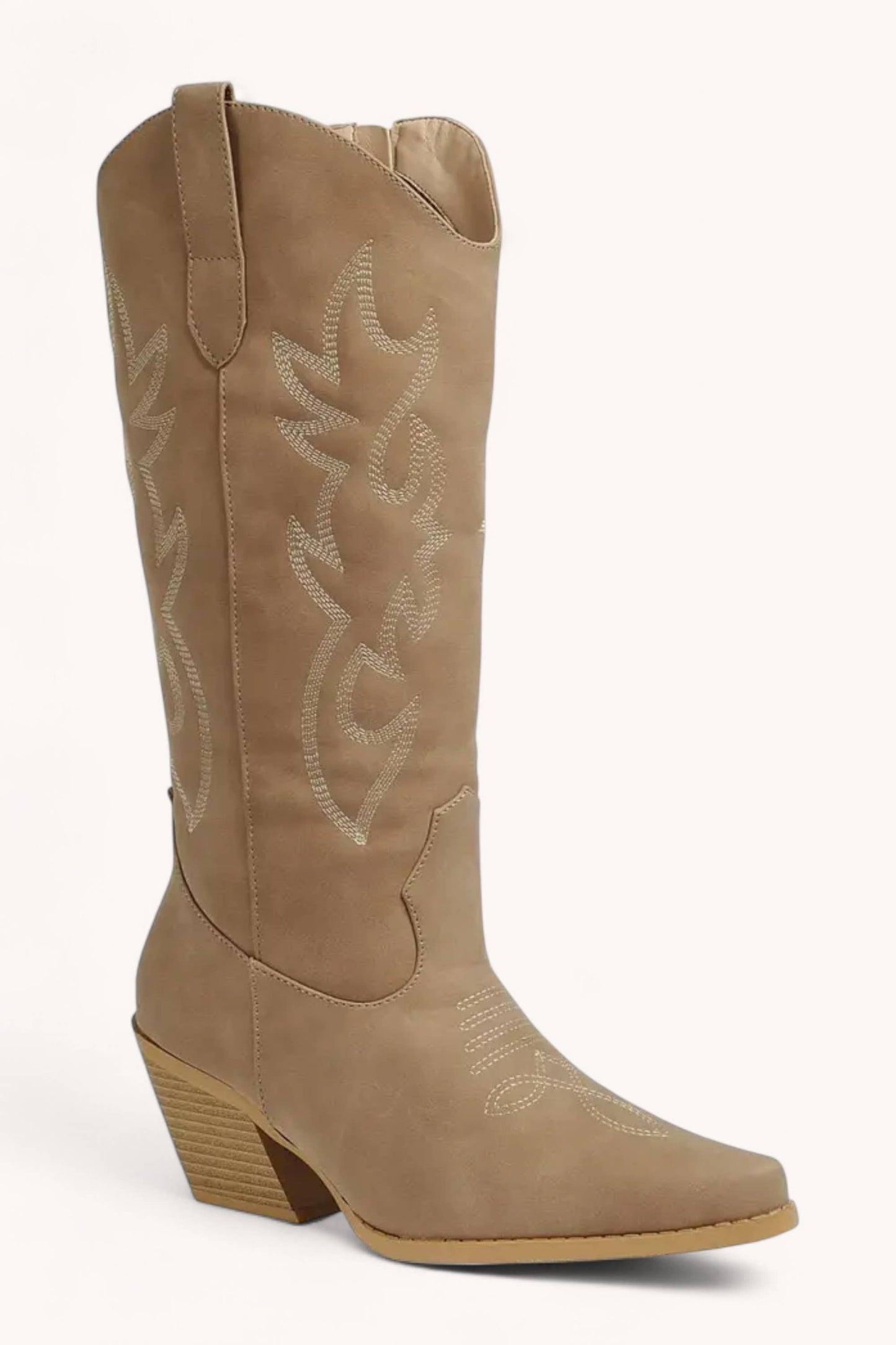 Taupe Embroidered Pointed-Toe Cowboy Boots