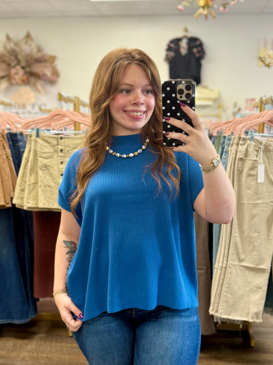 Blue Mock Neck Sweater Top