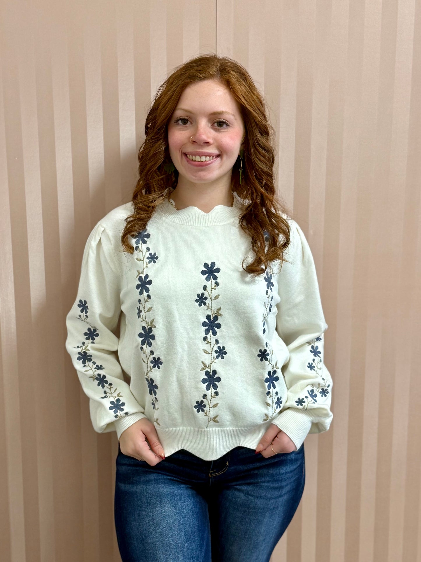 White Floral Embroidered Scallop Crop Sweater