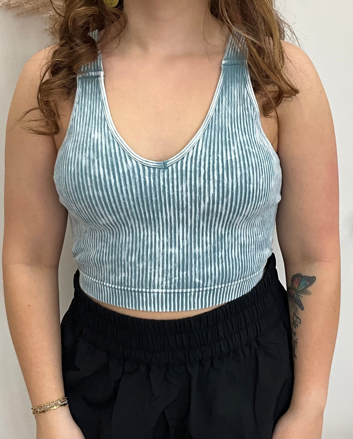 Blue Grey Washed Ribbed Cropped Seamless Bra Padded Tank Top
