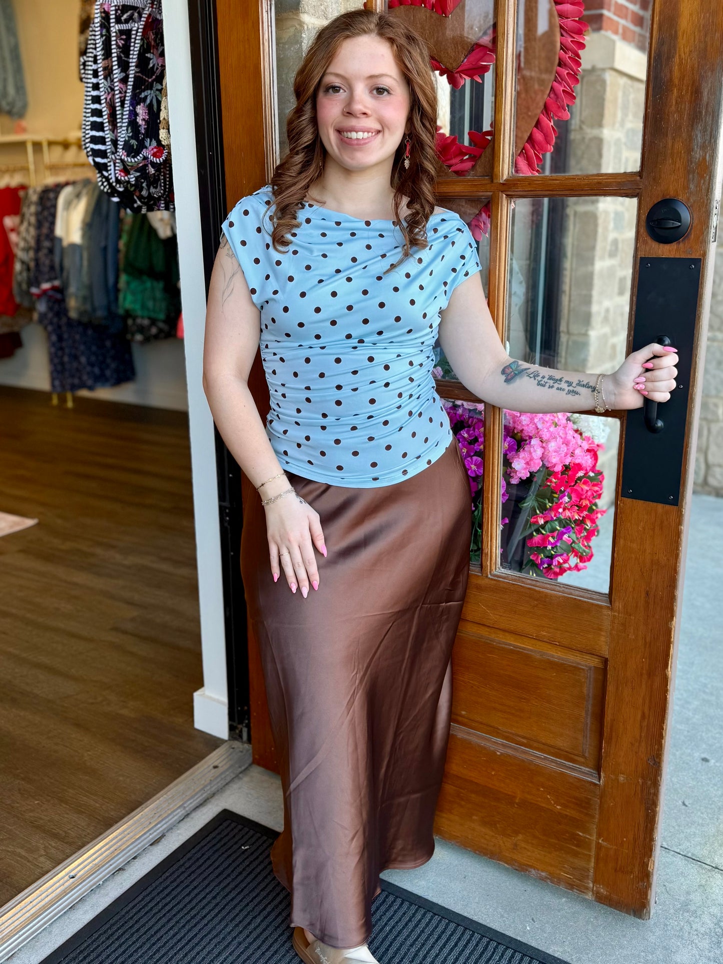 Off The Shoulder Blue & Brown Polka Dot Top