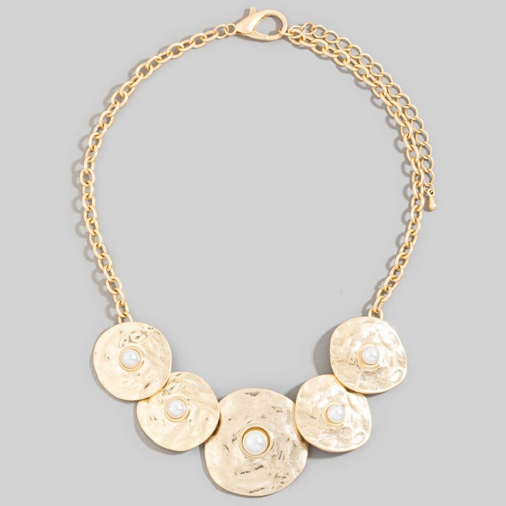 Gold Chunky Hammered Disc Pearl Statement Necklace