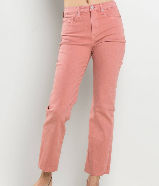 High Rise Rose Raw Hem Ankle Jeans
