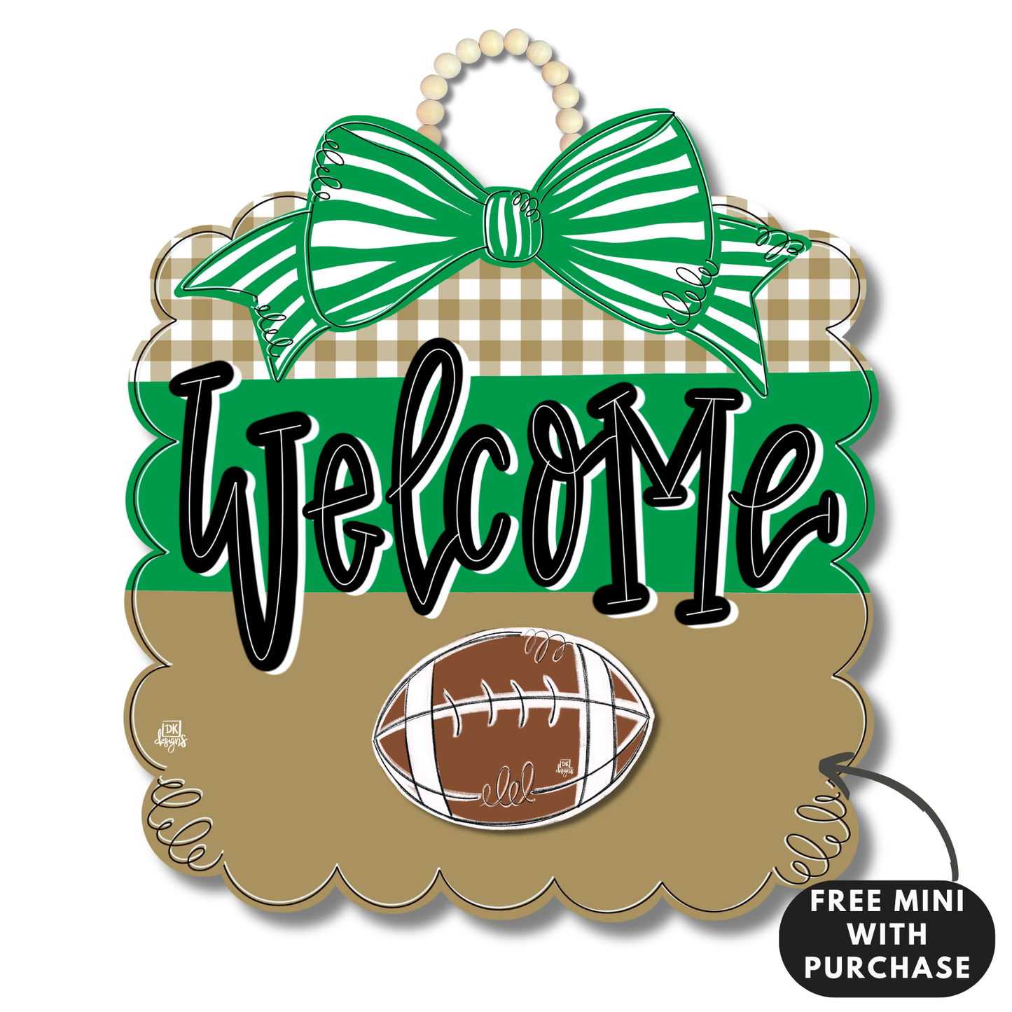 Green & Gold Football Scallop Door Hanger w/ Mini