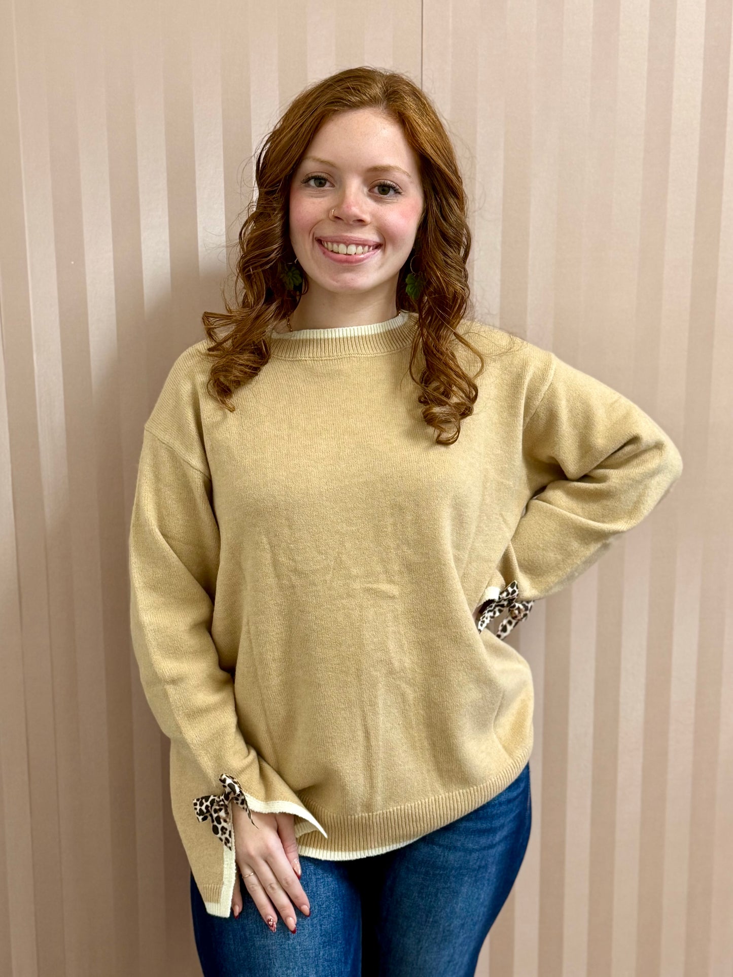 Tan Leopard Bow Cuff Sweater