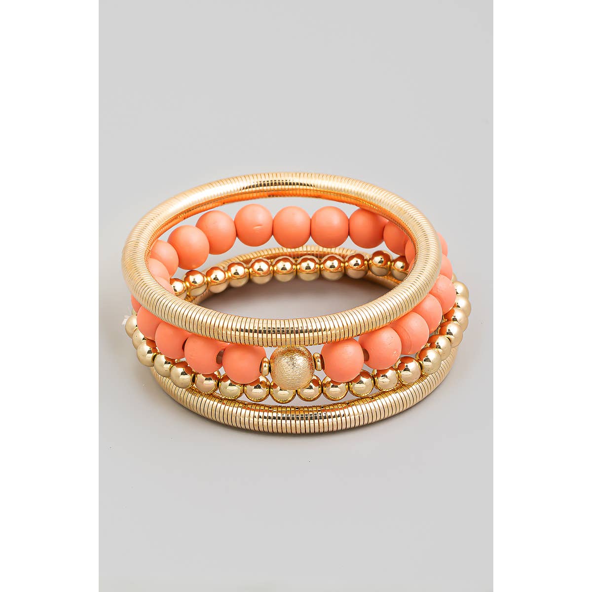 Peach Elastic Tube And Beaded Bracelet Set