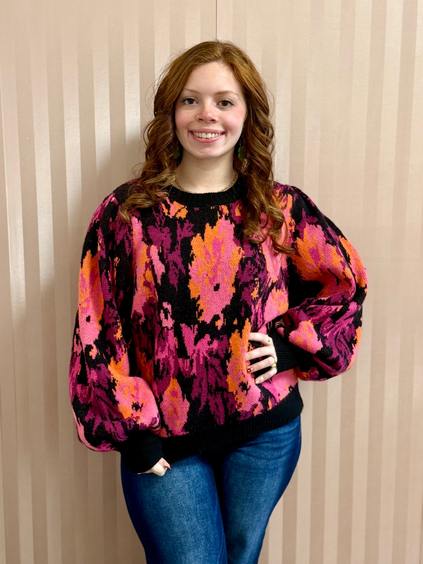 Abstract Knit Balloon Sleeve Sweater