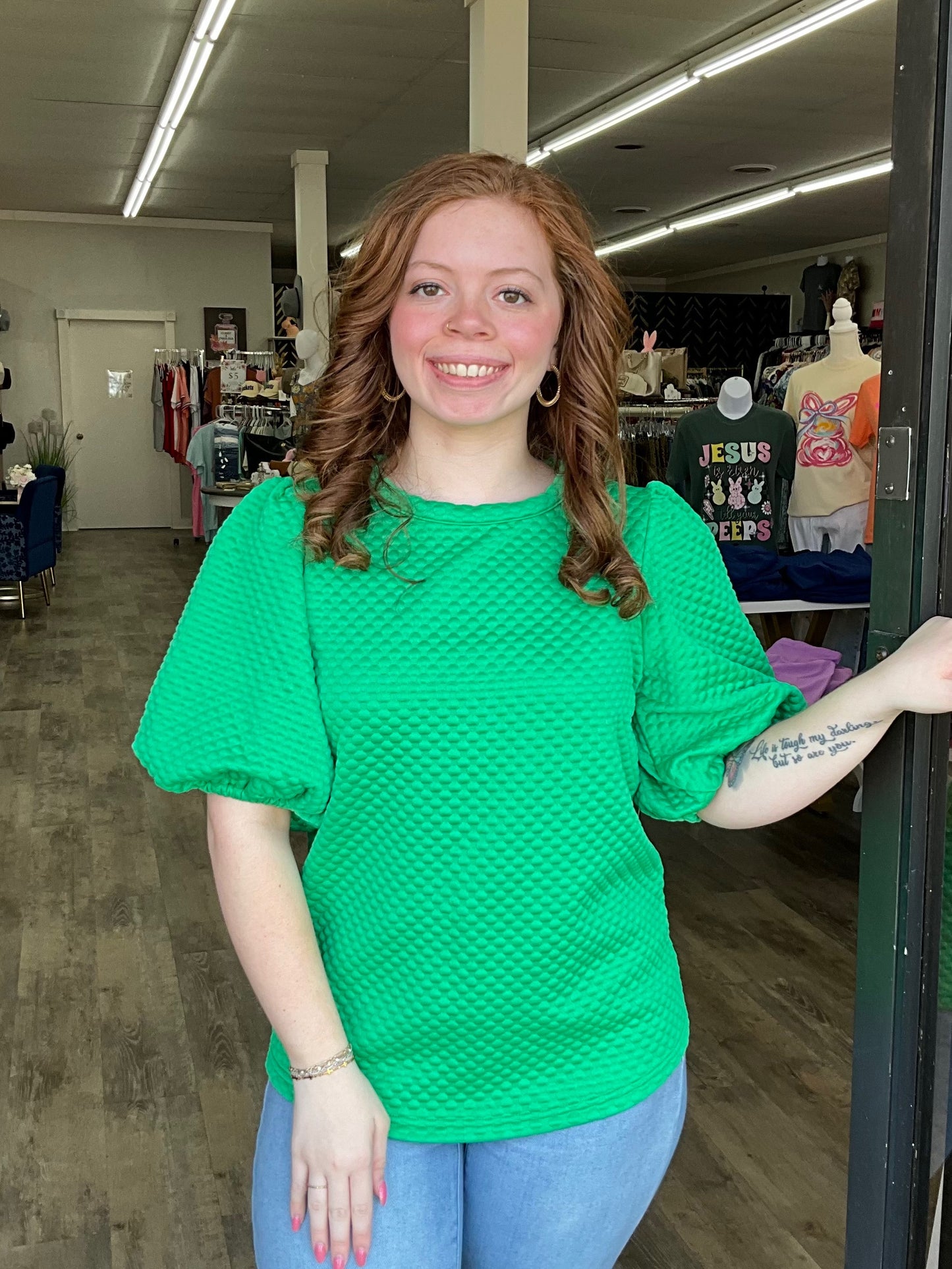Green Textured Puff Sleeve Top