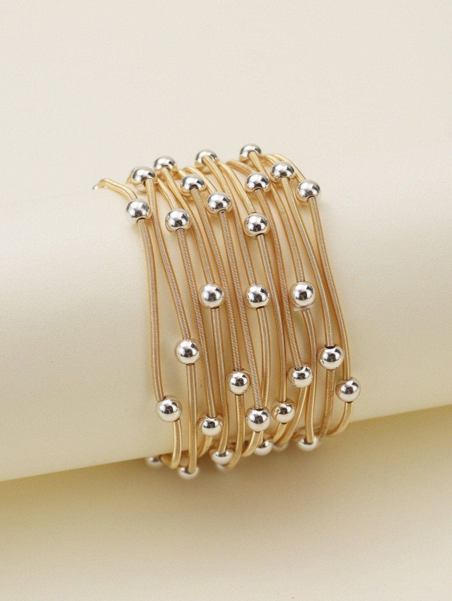 Gold & Silver Metallic Bead & Coil Bracelet Set