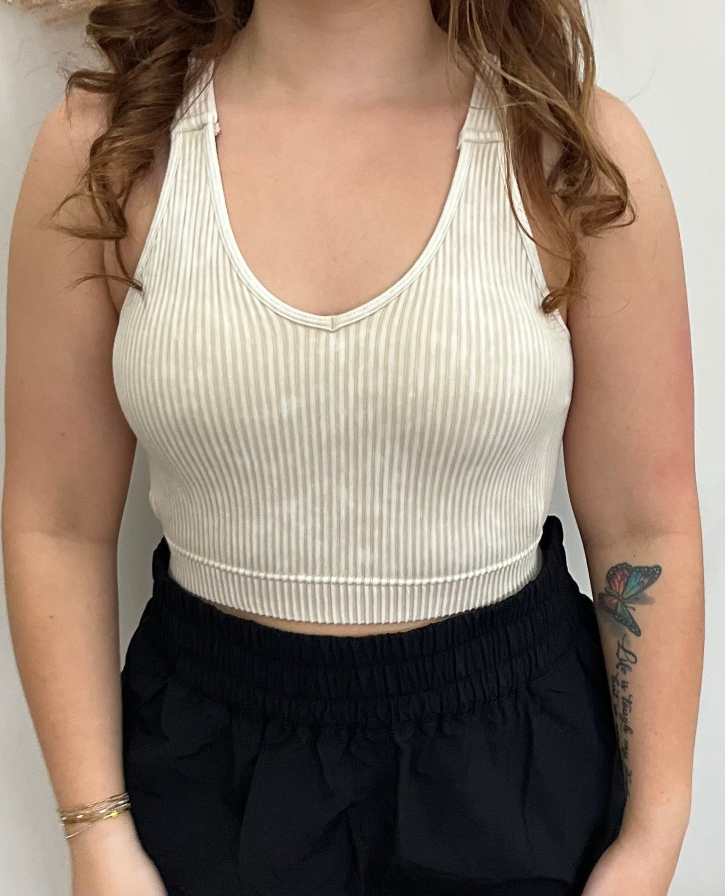 Sand Beige Washed Ribbed Cropped Seamless Bra Padded Tank Top