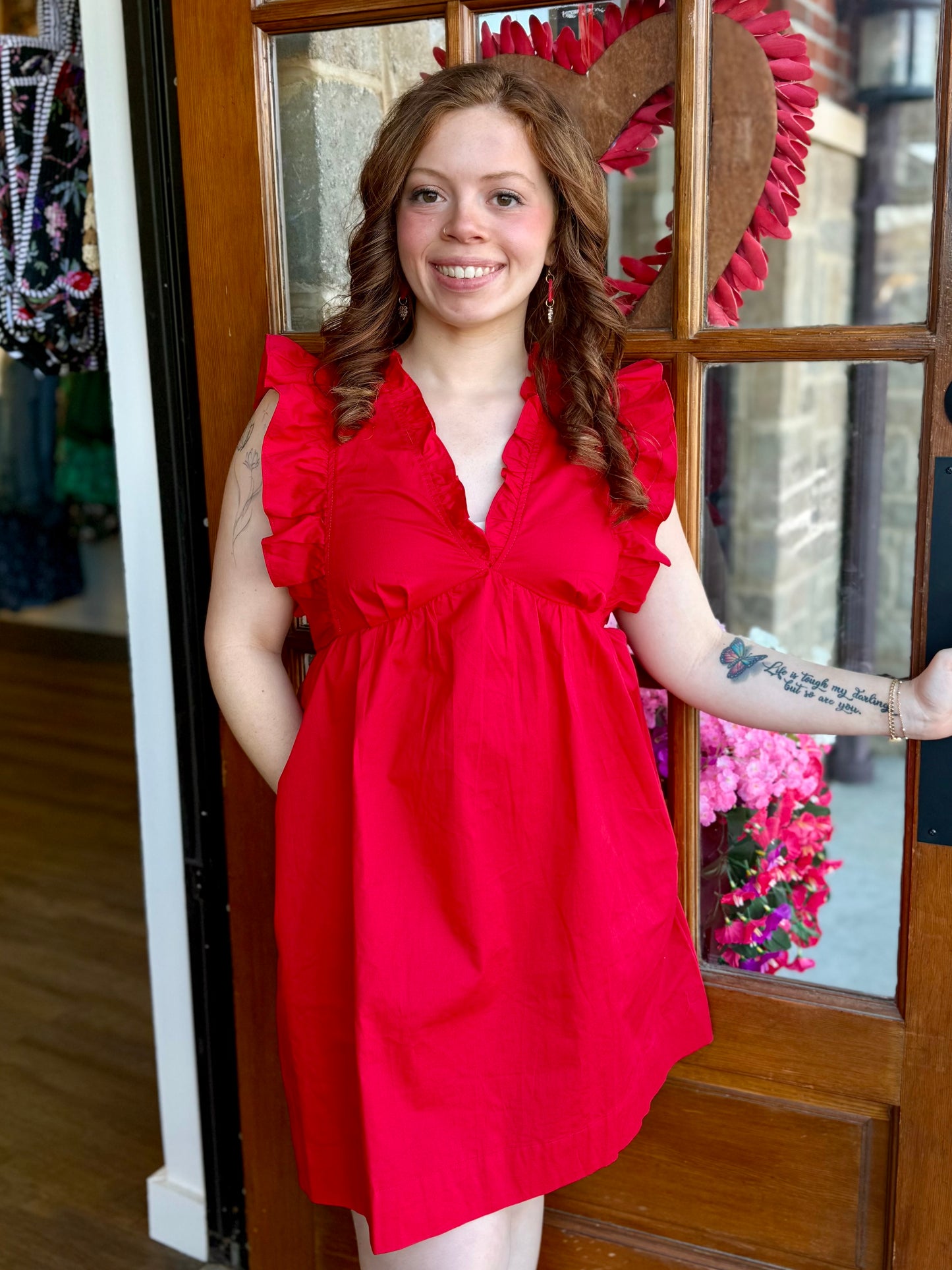 Red Ruffle V Neckline Dress