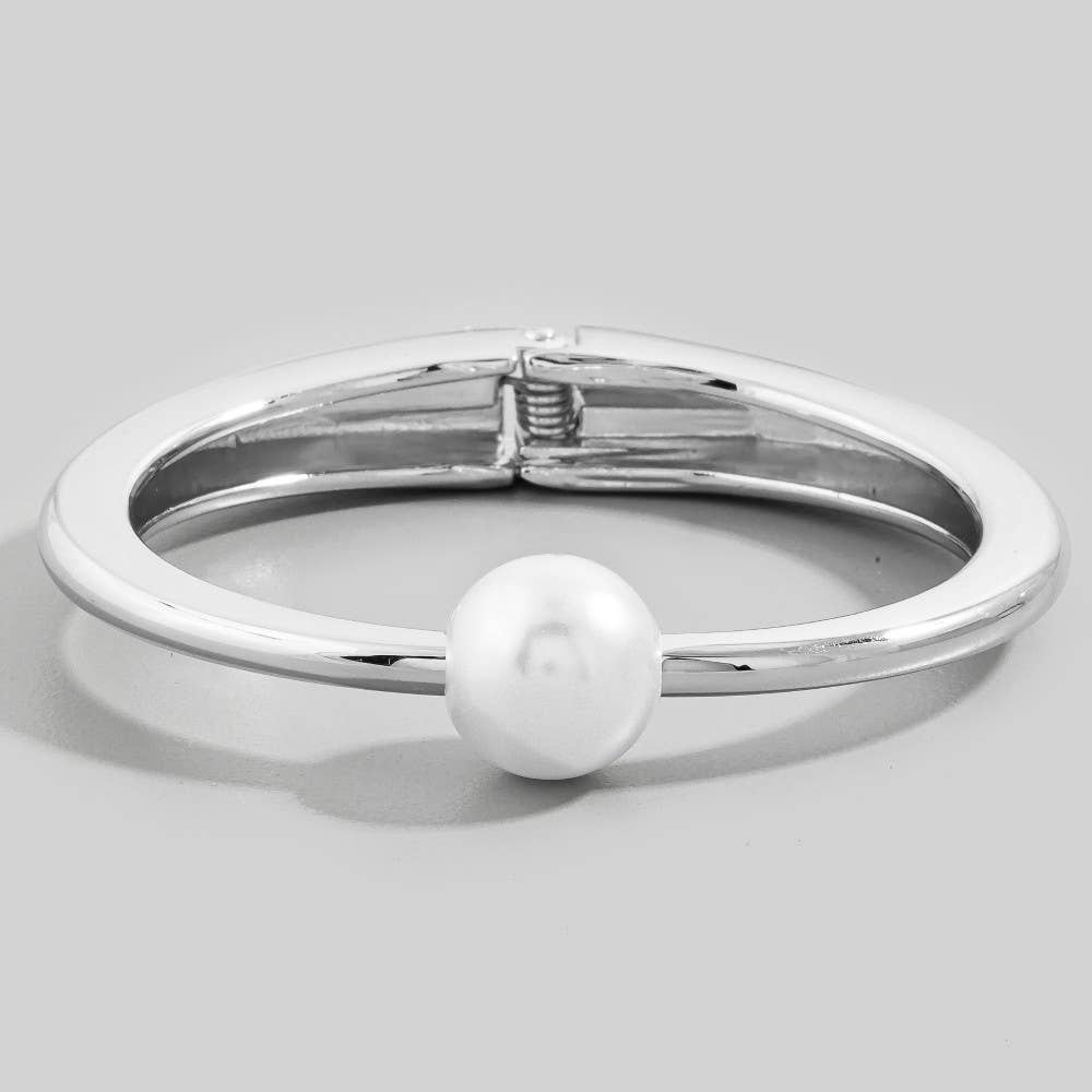 Silver Pearl Thin Metal Hinged Bangle Bracelet