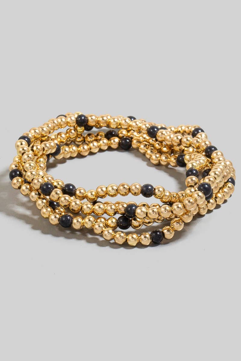 Black Mixed Stone And Metallic Beaded Bracelet Set