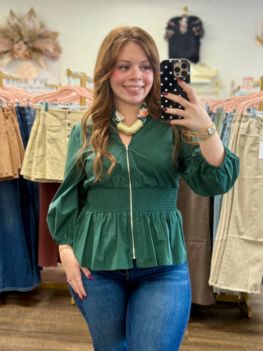 Green Smocked Waist Front Zip Top