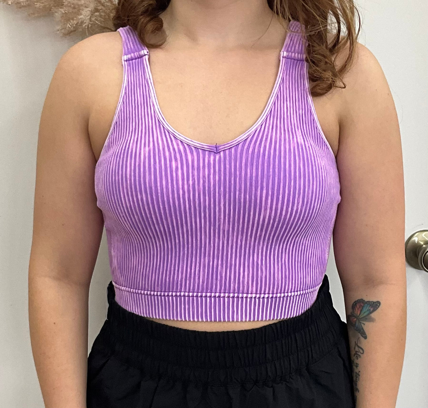 Lt Plum Washed Ribbed Cropped Seamless Bra Padded Tank Top