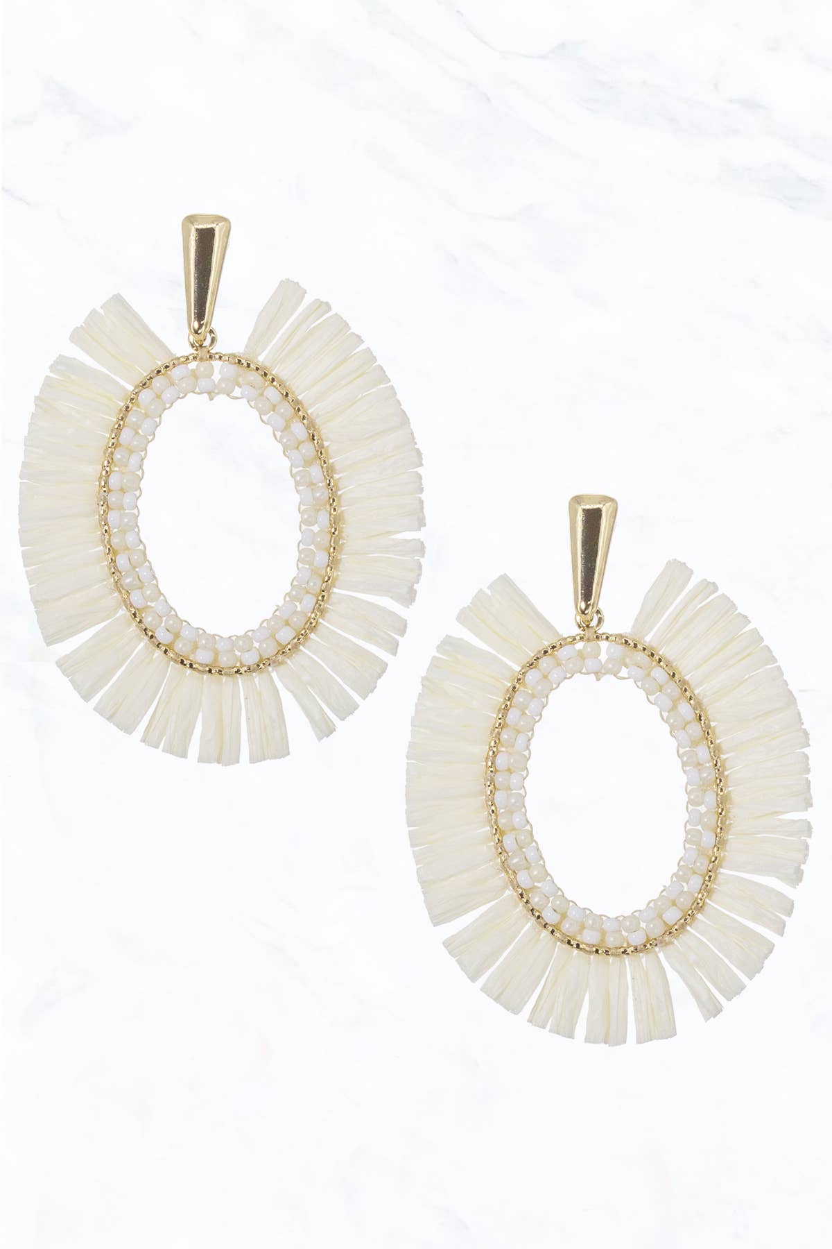 Ivory Raffia, Seed Bead Post Dangle Earrings