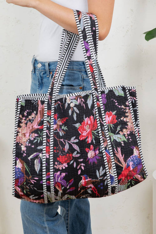 Black Floral Reversible Tote Bag