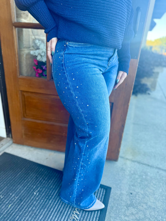 Plus High Rise Wide Leg Jeans w/ Rhinestones