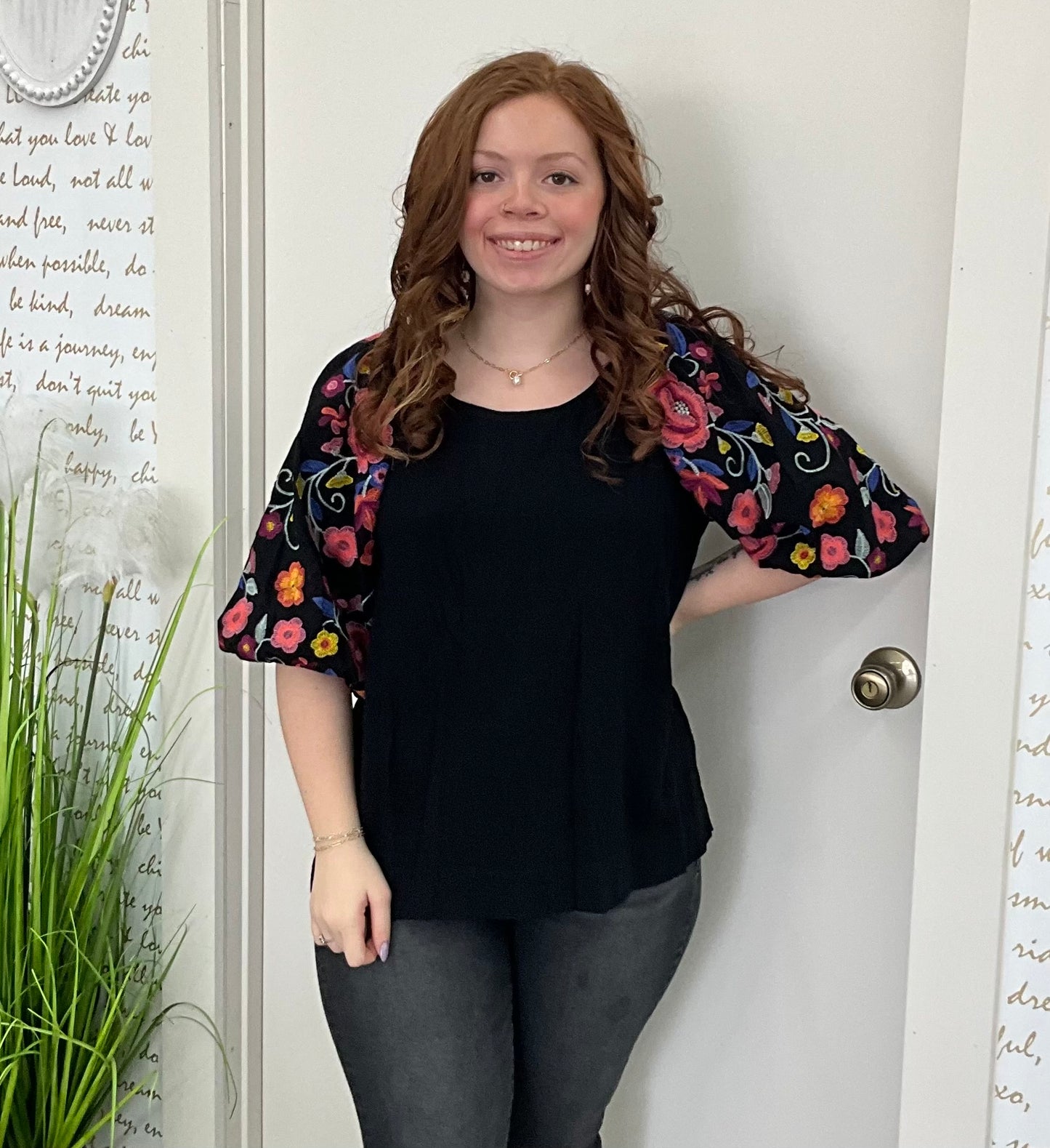 Linen Blend Top With Embroidery Balloon Sleeve