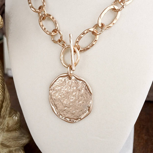 Gold Hammered Disc Toggle Statement Necklace